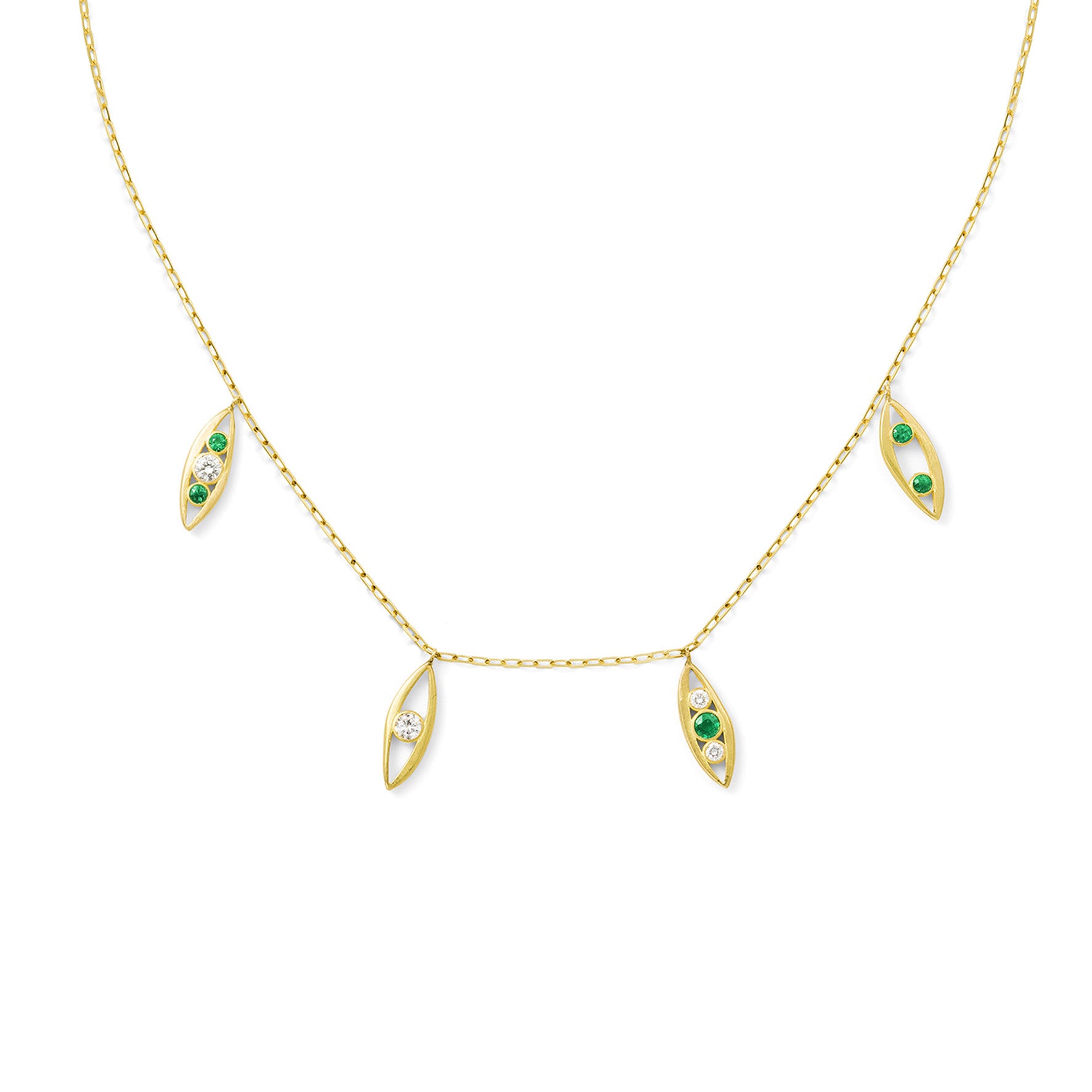 Aimée Aimer Bel Aloha Collier or jaune diamants émeraudes 42 cm