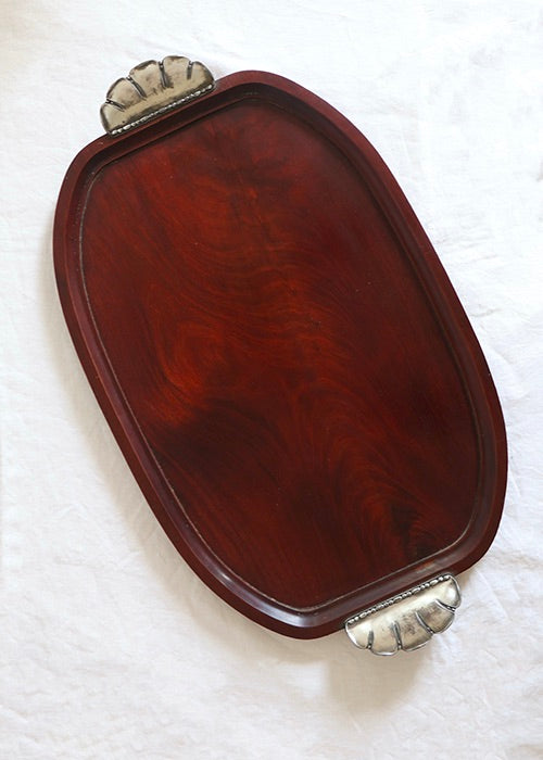 Christofle Gallia plateau art déco acajou métal argenté 60 cm