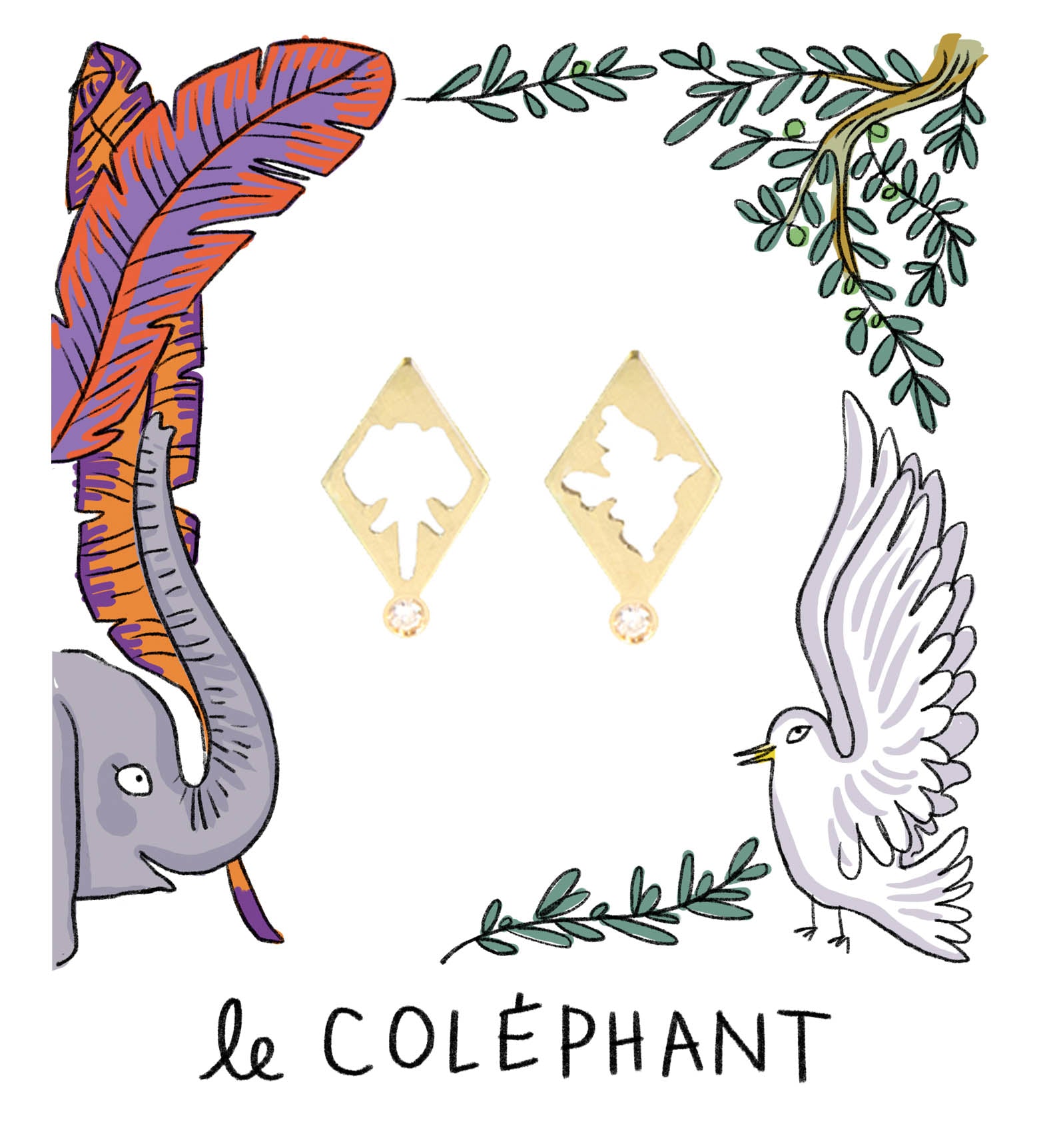 Aimée Aimer Éléphant boucle d'oreille or jaune diamant à l'unité