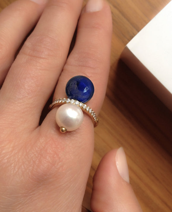 Aimée Aimer Chance bague or jaune perle lapis lazuli diamants