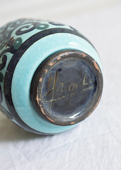 Paul Jacquet petit vase céramique turquoise fleurs 14 cm