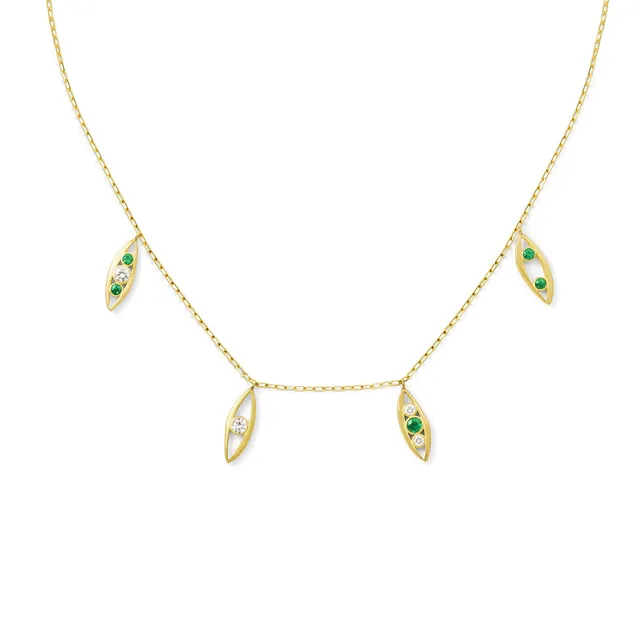 Aimée Aimer Bel Aloha Collier or jaune diamants émeraudes 42 cm