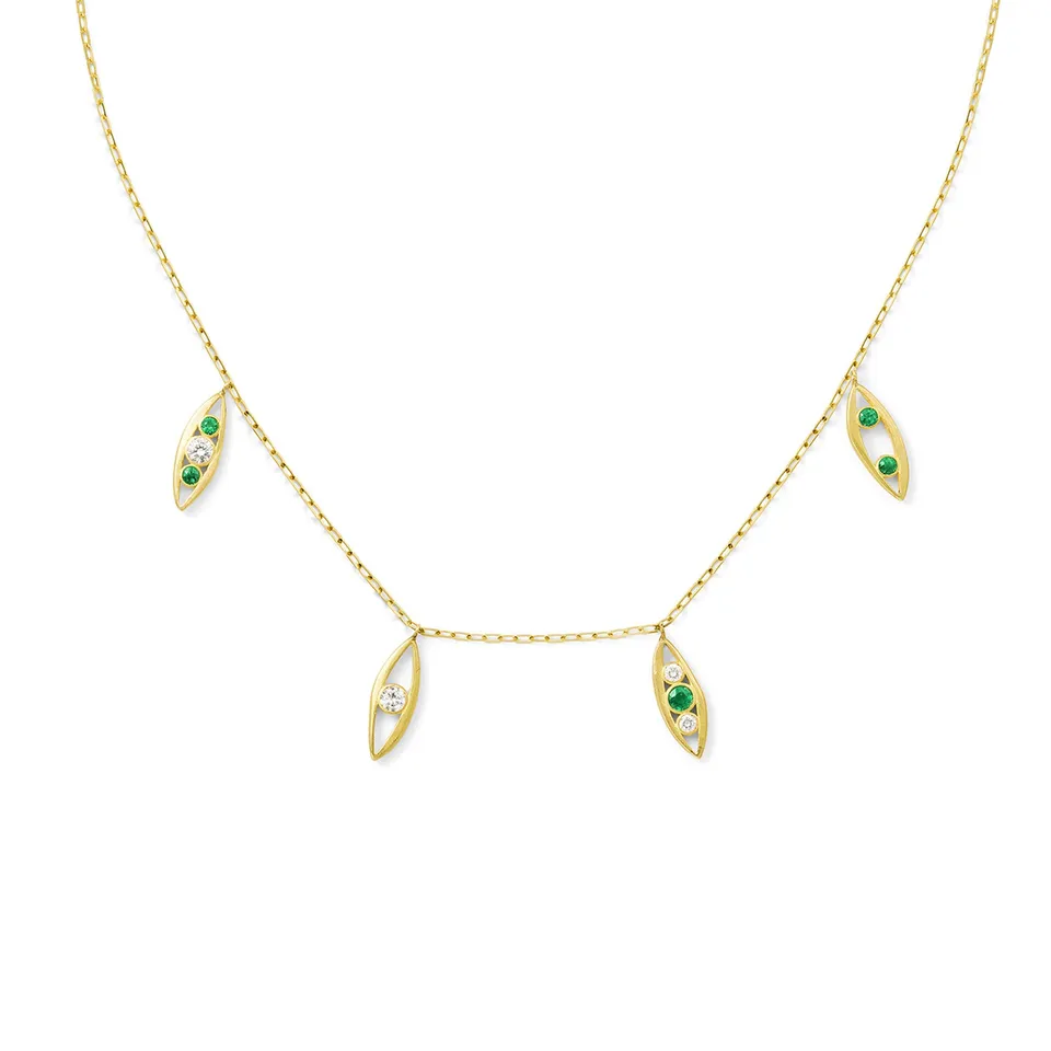 Aimée Aimer Bel Aloha Collier or jaune diamants émeraudes 42 cm