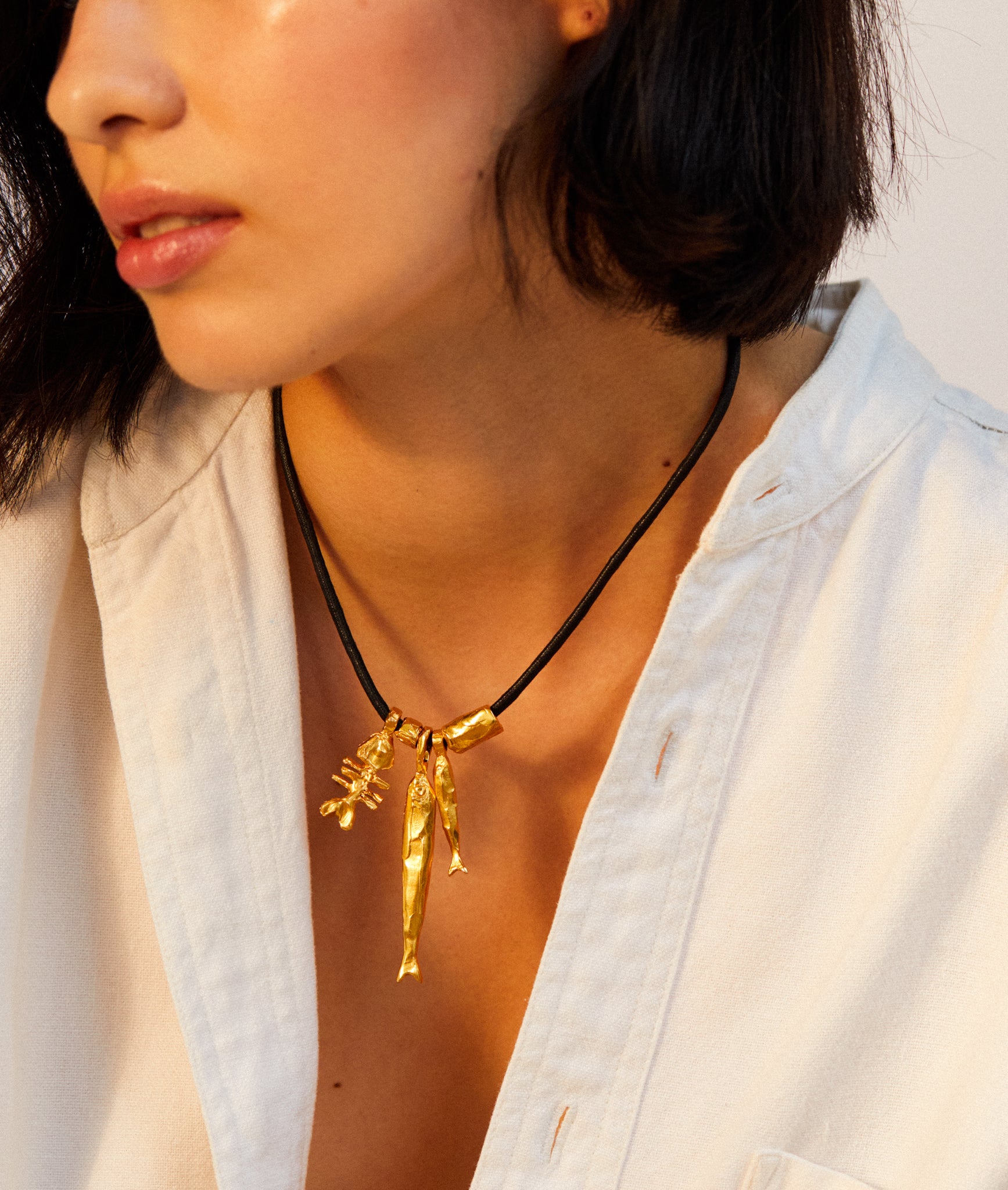 Alighieri Gone Fishing Choker collier poisson cordon noir plaqué or