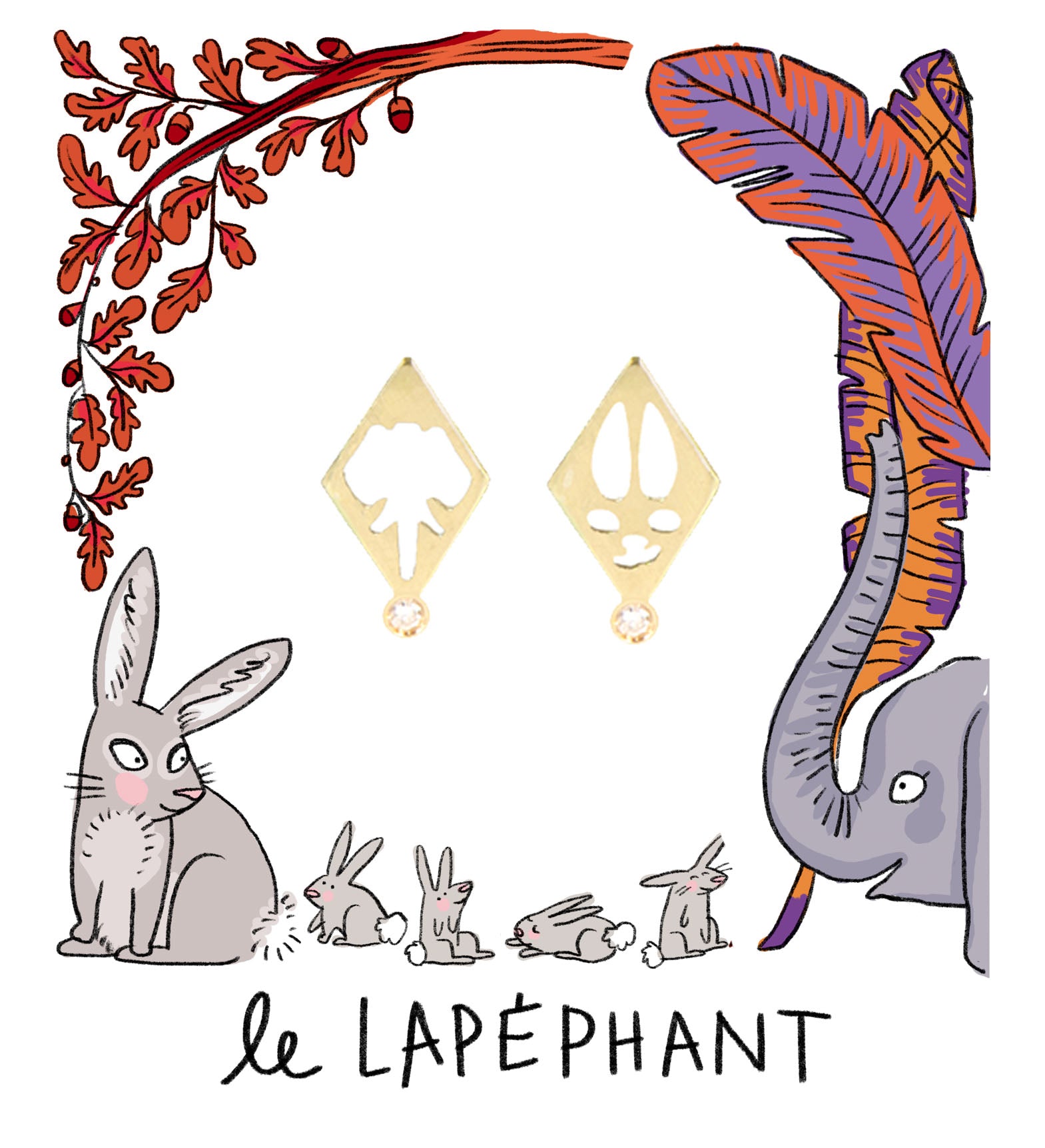 Aimée Aimer Éléphant boucle d'oreille or jaune diamant à l'unité