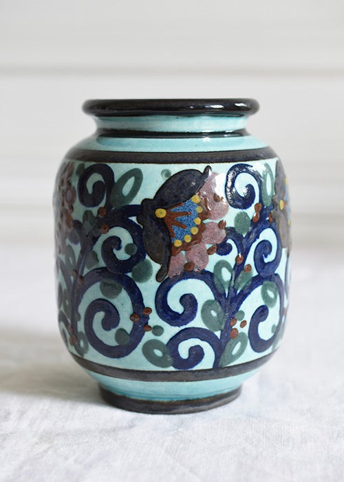 Paul Jacquet petit vase céramique turquoise fleurs 14 cm
