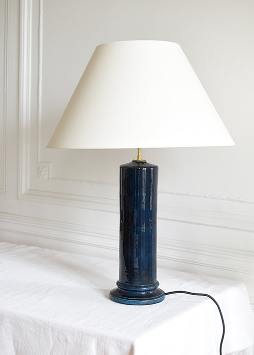 Jean Roger Cylindre lampe faïence bleu canard 44 cm