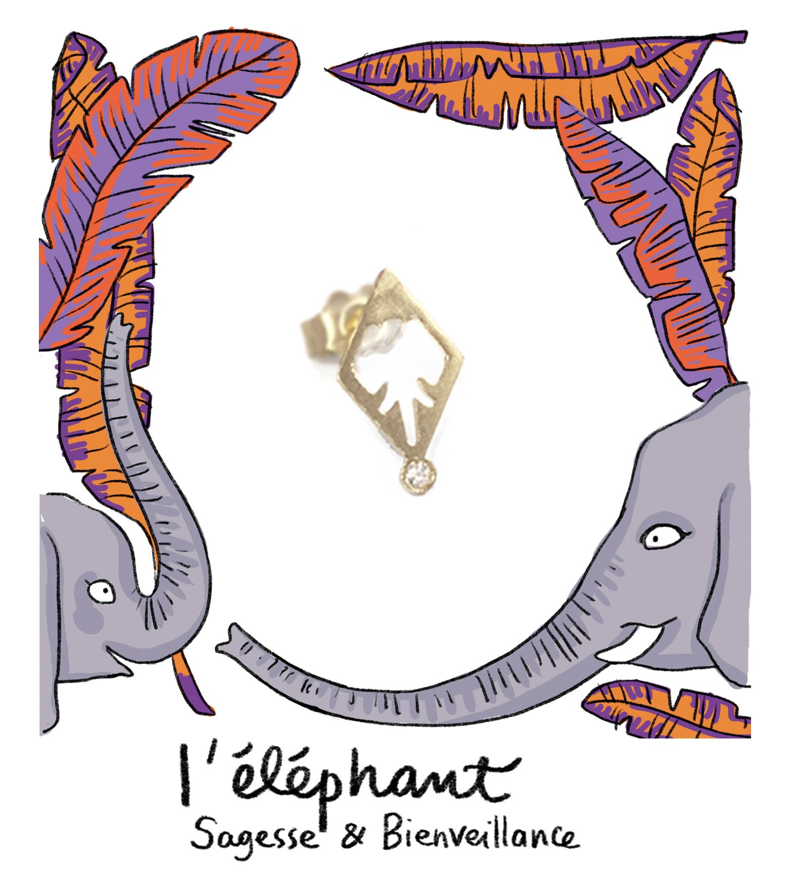 Aimée Aimer Éléphant boucle d'oreille or jaune diamant à l'unité