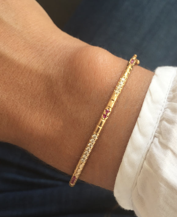 Aimée Aimer Lignes F. Bracelet Jonc Or Jaune Rubis Diamants M