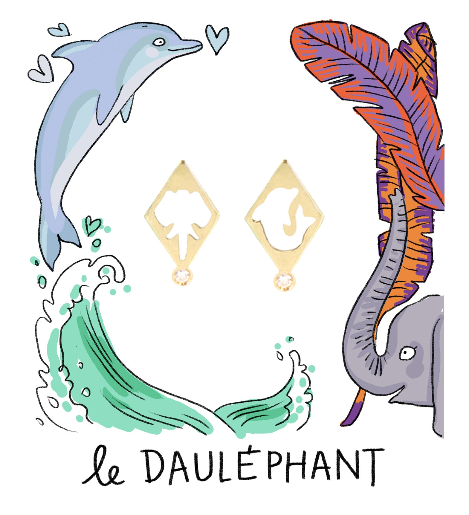 Aimée Aimer Éléphant boucle d'oreille or jaune diamant à l'unité