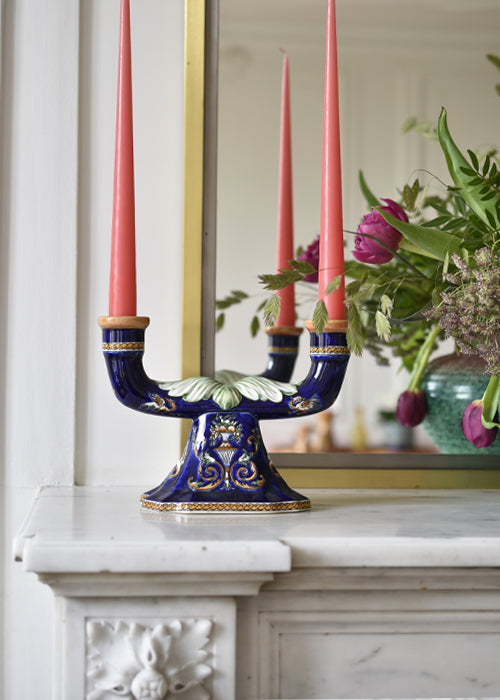 Aimée Aimer Double flame bougeoir faïence Gien bleu