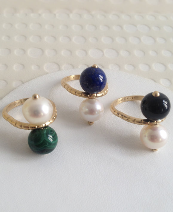 Aimée Aimer Chance bague or jaune perle lapis taille 48