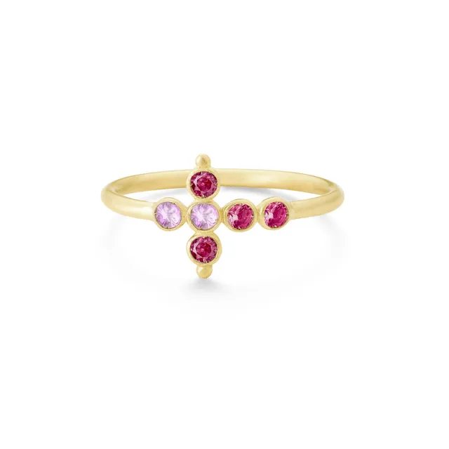 Aimée Aimer Petit AA bague or jaune saphirs roses rubis taille 52
