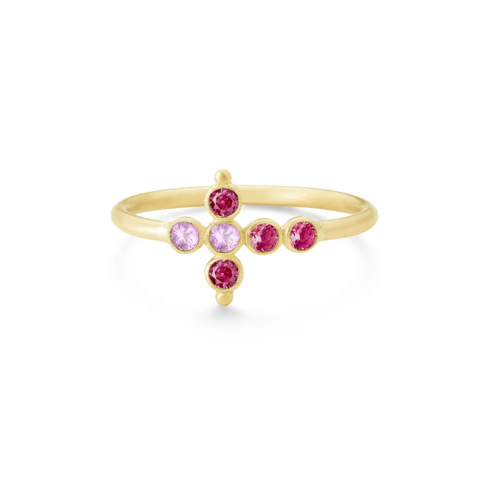 Aimée Aimer Petit AA bague or jaune saphirs roses rubis taille 52