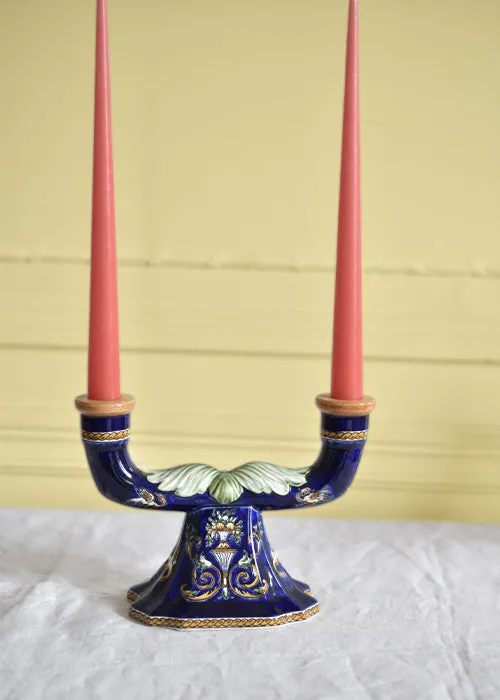 Aimée Aimer Double flame bougeoir faïence Gien bleu