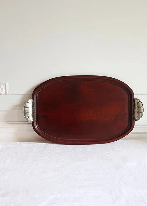 Christofle Gallia plateau art déco acajou métal argenté 60 cm