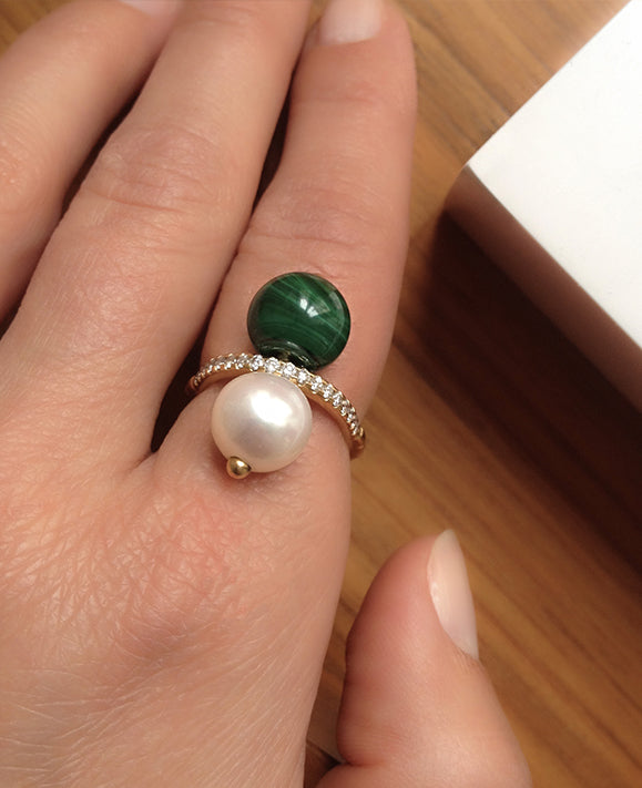 Aimée Aimer Chance bague or jaune perle malachite taille 52