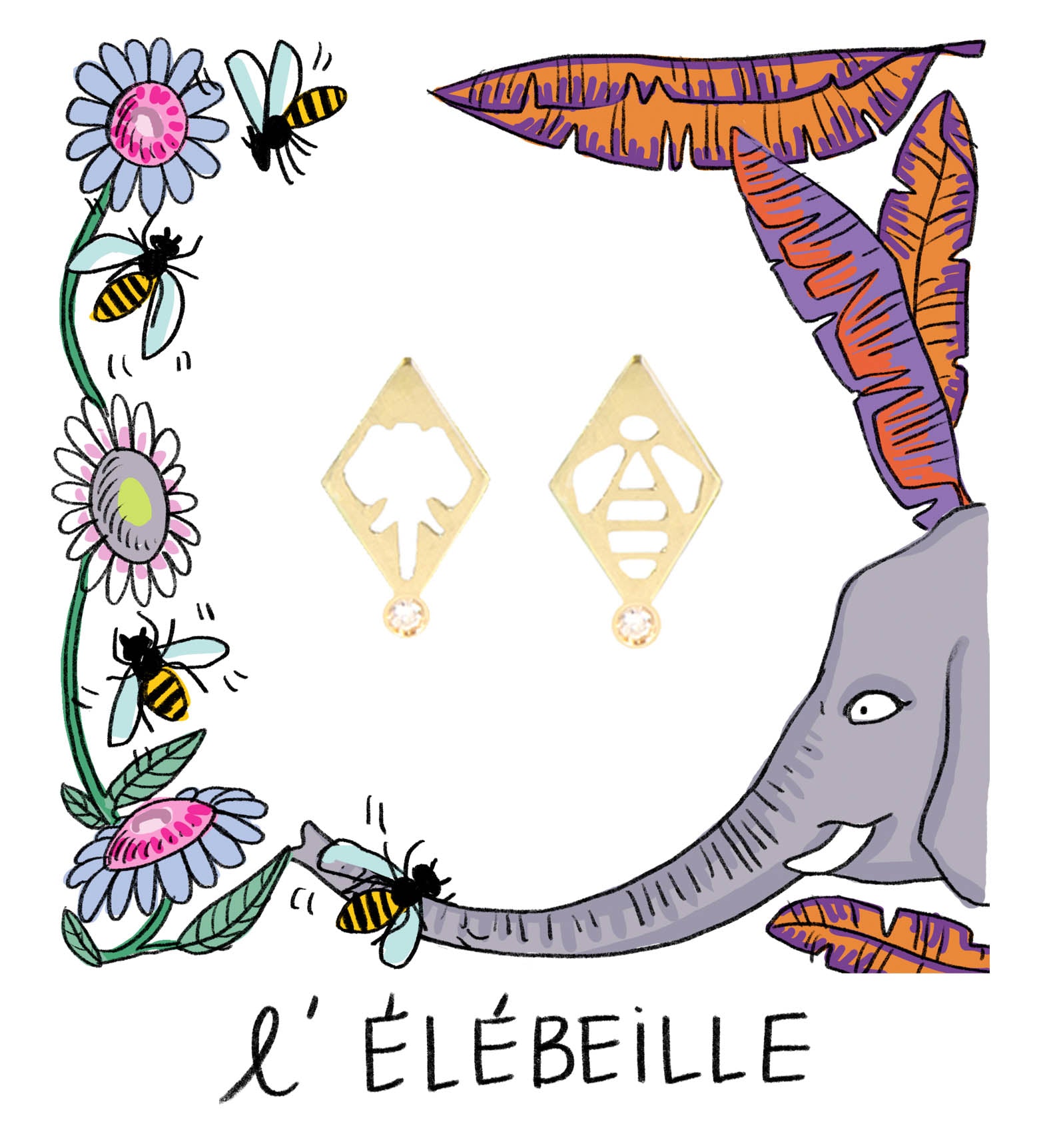 Aimée Aimer Éléphant boucle d'oreille or jaune diamant à l'unité