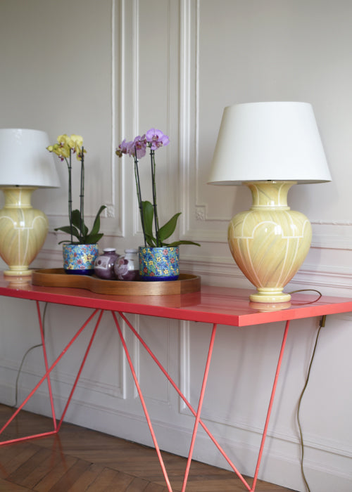 Jean Roger Hydra lampe faïence jaune paille 45 cm