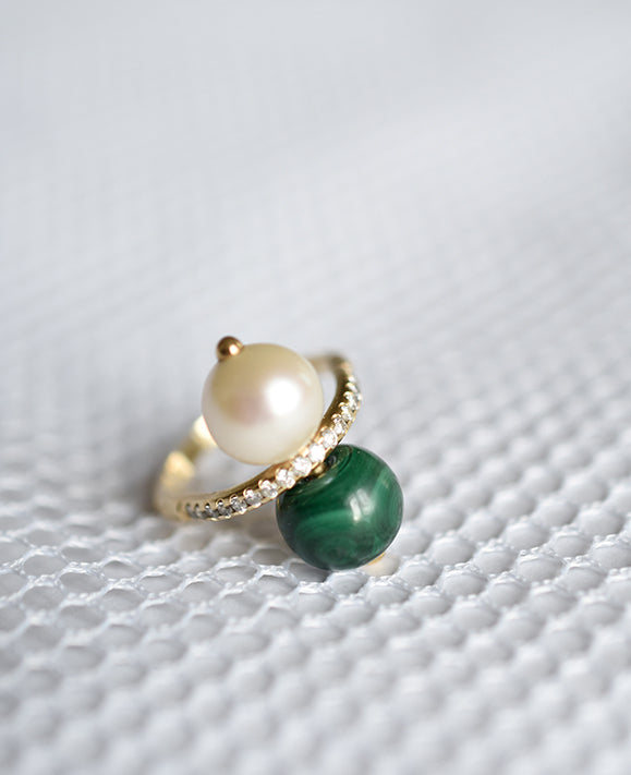 Aimée Aimer Chance bague or jaune perle malachite taille 52