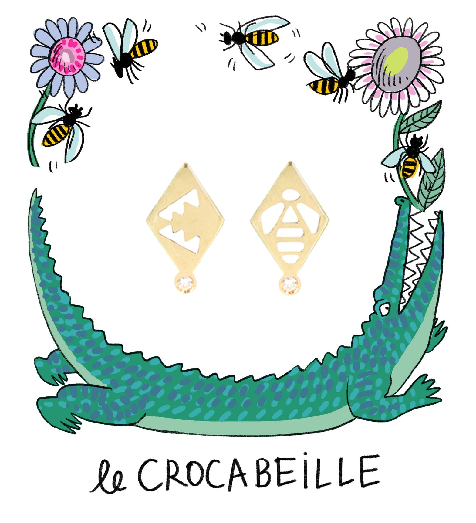 Aimée Aimer Crocodile boucle d'oreille or jaune diamant seule