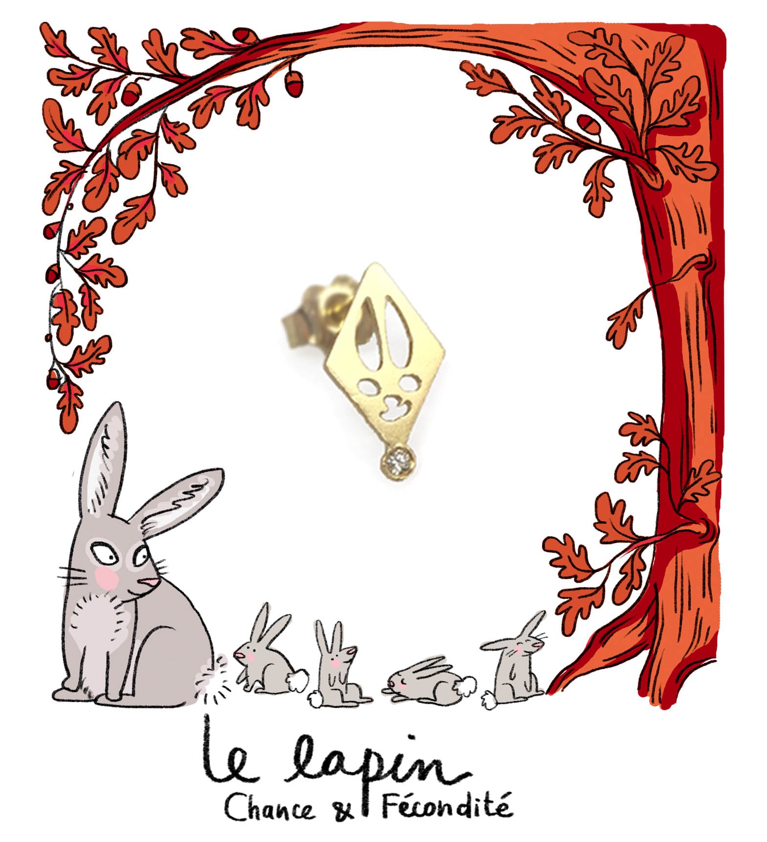 Aimée Aimer Lapin boucle d'oreille or diamant unitaire