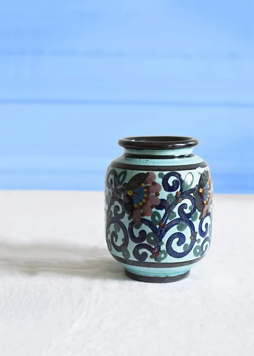 Paul Jacquet petit vase céramique turquoise fleurs 14 cm