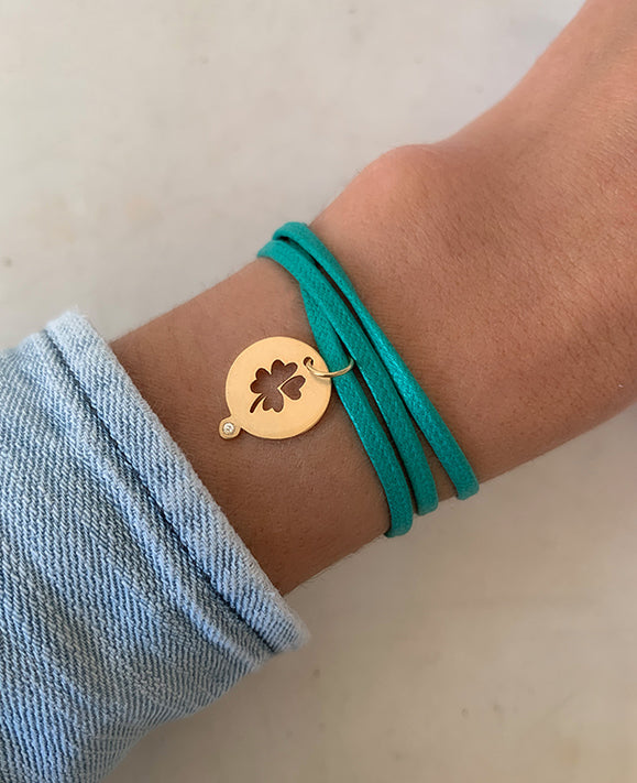 Aimée Aimer Trèfle médaille or jaune diamant 14 mm seule