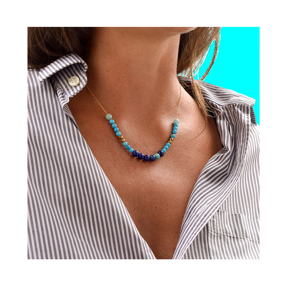 Aimée Aimer Bel Aloha collier perles lapis or jaune 43 cm