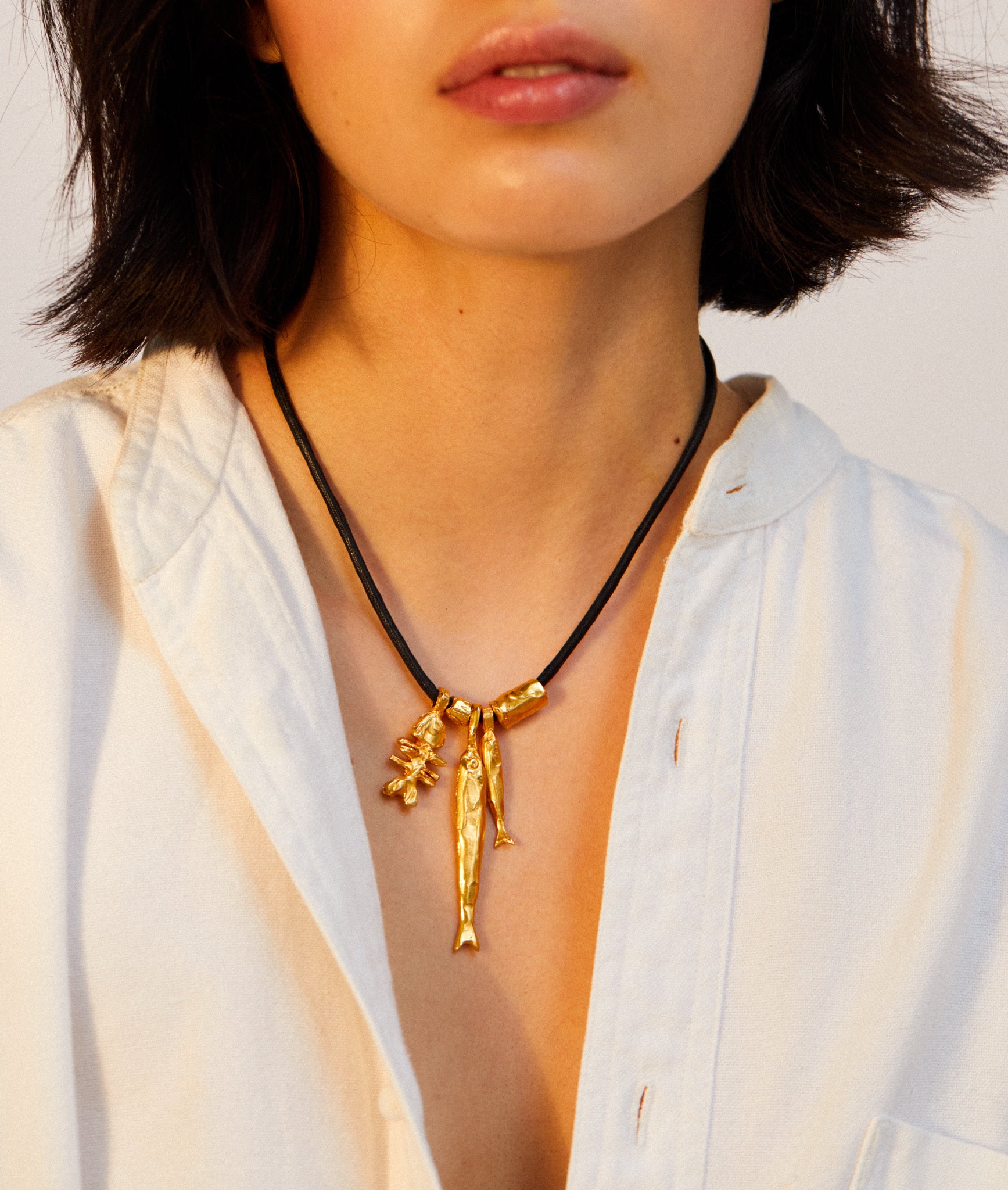 Alighieri Gone Fishing Choker collier poisson cordon noir plaqué or