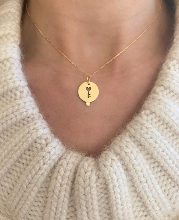 Aimée Aimer Médailles Heureuses Clé or jaune diamant 14 mm