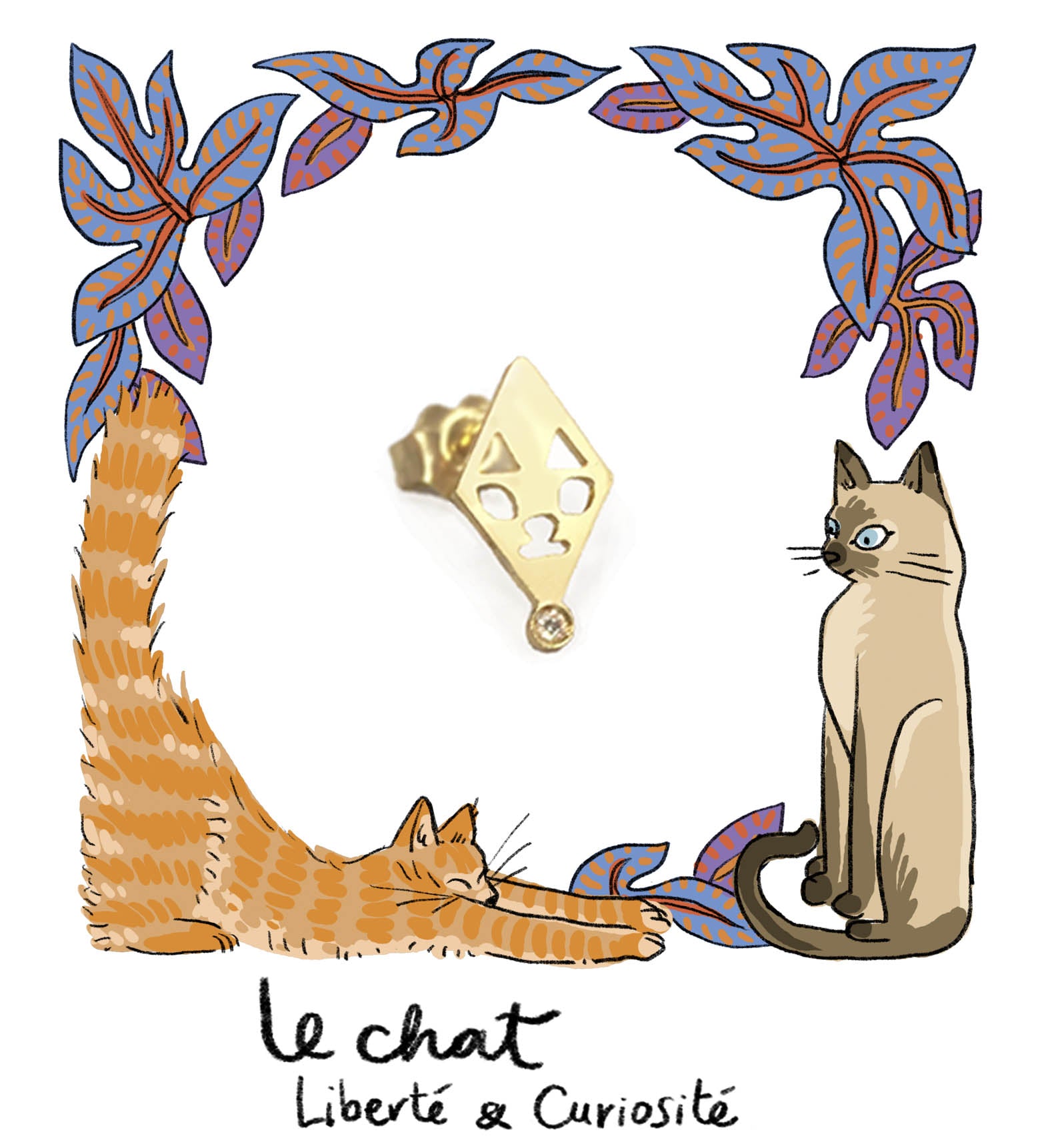 Aimée Aimer Chat boucle d'oreille or jaune diamant seule