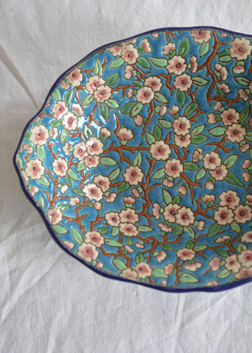 Longwy corbeille émaux pommiers bleue 28 cm