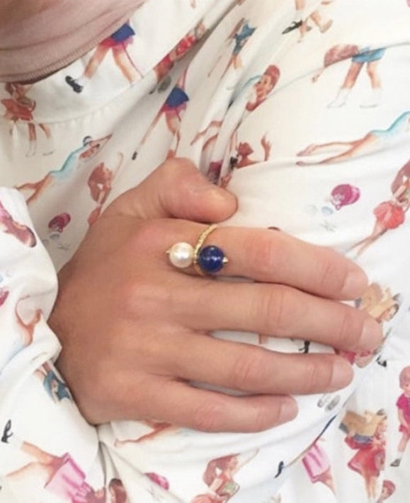 Aimée Aimer Chance bague or jaune perle lapis taille 48