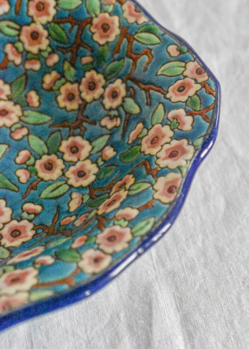 Longwy corbeille émaux pommiers bleue 28 cm