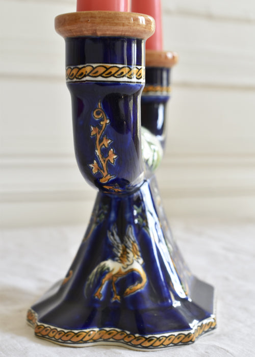 Aimée Aimer Double flame bougeoir faïence Gien bleu