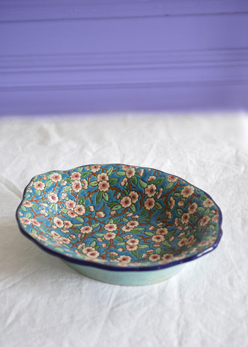 Longwy corbeille émaux pommiers bleue 28 cm