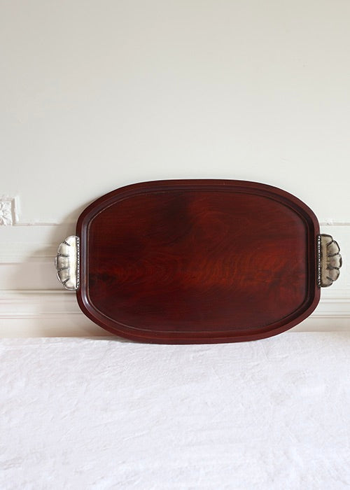 Christofle Gallia plateau art déco acajou métal argenté 60 cm