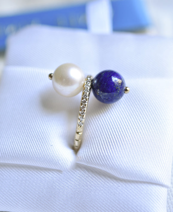 Aimée Aimer Chance bague or jaune perle lapis lazuli diamants