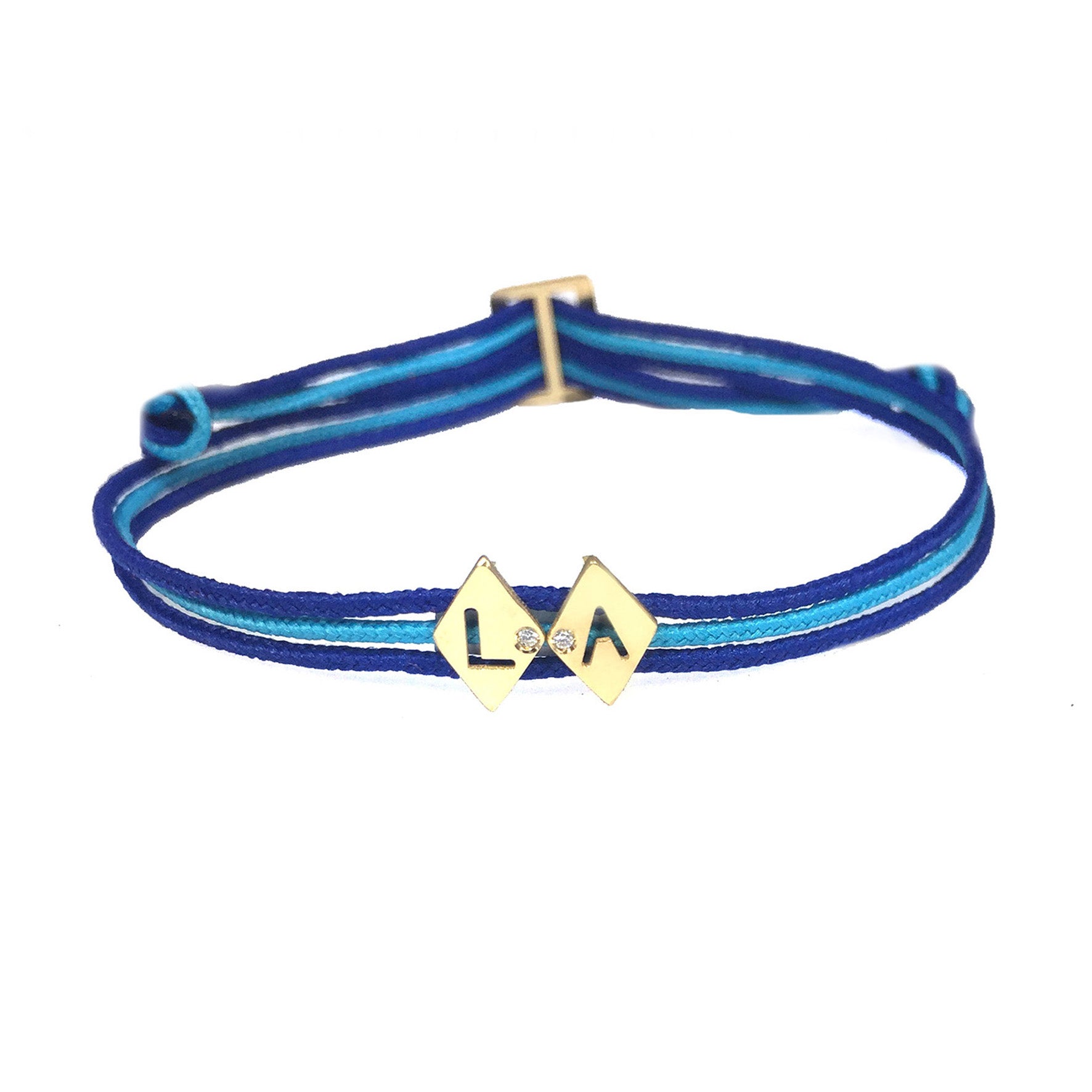 Aimée Aimer Alphabet bracelet 2 lettres cordon bleu outremer
